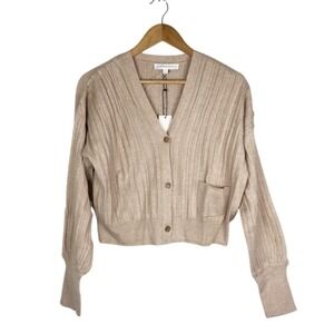 NWT Lavender Sketch Beige Ribbed Button Front Cropped Cardigan Sweater Women Med
